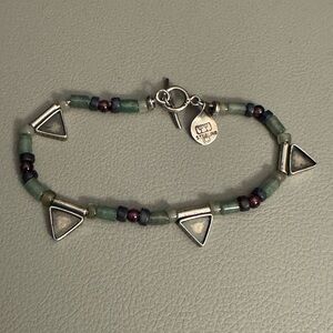 Sterling Silver and Bracelet with Jade Green, Red and Navy Beads